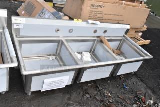Brand new Regency 600S32323 78" three-compartment stainless steel sink, 16-gauge, with legs and cross bracing, no drainboards.