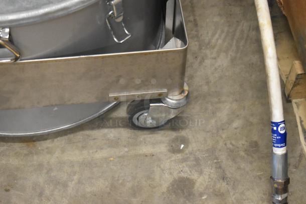 Miroil 55HD Metal 55 lb Fryer Filter, stainless steel, caster wheel, used condition. Ideal for commercial kitchens.