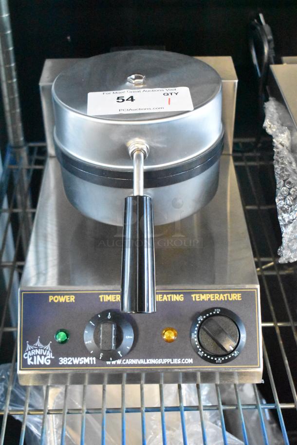 Brand new 2025 Carnival King 382WSM11 stainless steel waffle maker, non-stick, single, with timer, 120 volts, minor scratches.