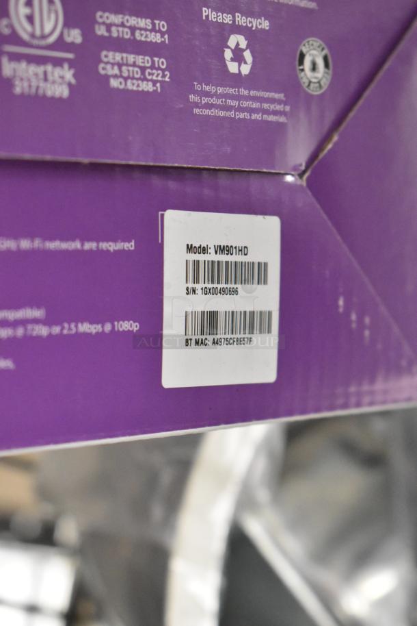 Vtech VM901HD Smart Wi-Fi Video Pan & Tilt Baby Monitor in original box, model VM901HD, S/N 1GX00490696 visible.