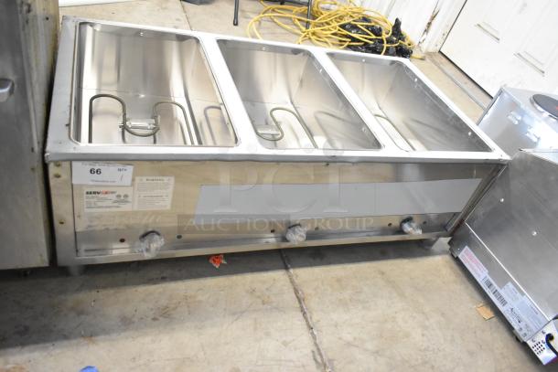 ServIt 423EST3WO stainless steel three pan electric steam table, unused, with adjustable undershelf, 120V, 1 phase, tested.
