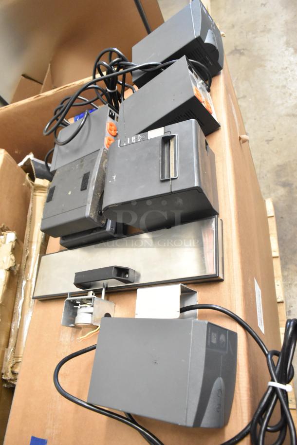 Lot of 10 items including Epson receipt printer, 2 QSR kitchen controllers, and Powervar power conditioners. Used condition.