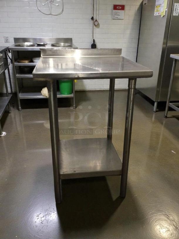 Custom SMB-ST4R2-2424SSW stainless steel work table, 24"x24", excellent condition, fully inspected, two-tier design.