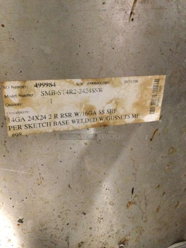 Custom SMB-ST4R2-2424SSW stainless steel work table, 24"x24", excellent condition, inspected, tag shows specs and model.