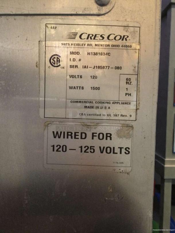 Cres Cor H1381834C hot holding cabinet, commercial grade, 120V, single phase, tested, model label details specs and origin.