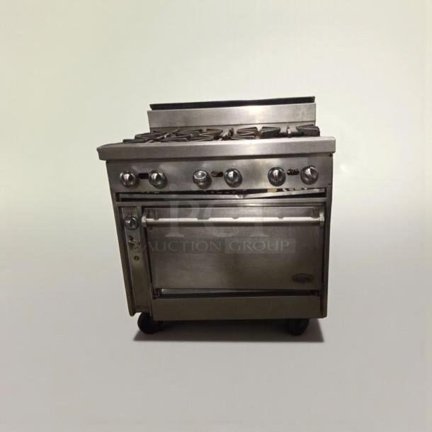 Jade Range JTRH-6-36C commercial gas range with oven, 36", stainless steel, top-tier condition, fully tested, working.