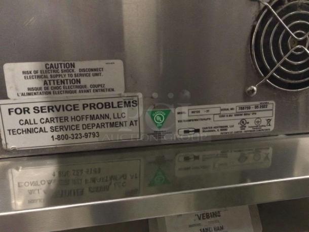 Carter-Hoffmann H2125-2T hot holding drawer, 120V, tested, labels showing model, serial number, and service info.