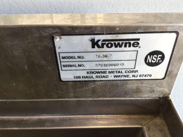 Krowne 18-36-7 stainless steel ice bin, NSF certified, high-grade condition, model and serial numbers visible.