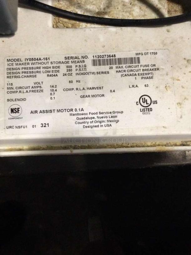 Pristine Manitowoc IY0504A-161 commercial ice maker label, 115V, tested, NSF certified, showing technical specs and serial number.