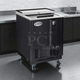 Brand new KoolMore KM-BOC25-BK bottle cooler, 25-inch, 5 cu. ft., with built-in opener, ETL listed, on casters.