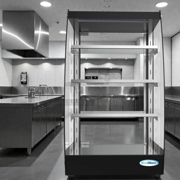 KoolMore DC-3CB pastry display case, pristine condition, LED lighting, rear door, 2.7 cu. ft., new in original box.