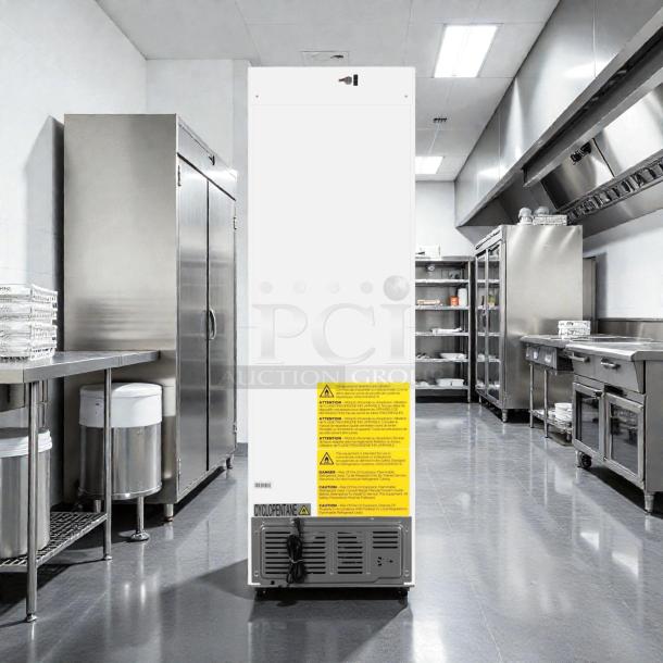 Brand new KoolMore KM-PHR-11C commercial pharmacy refrigerator, 11 Cu. Ft., UL listed, with safety labels visible.