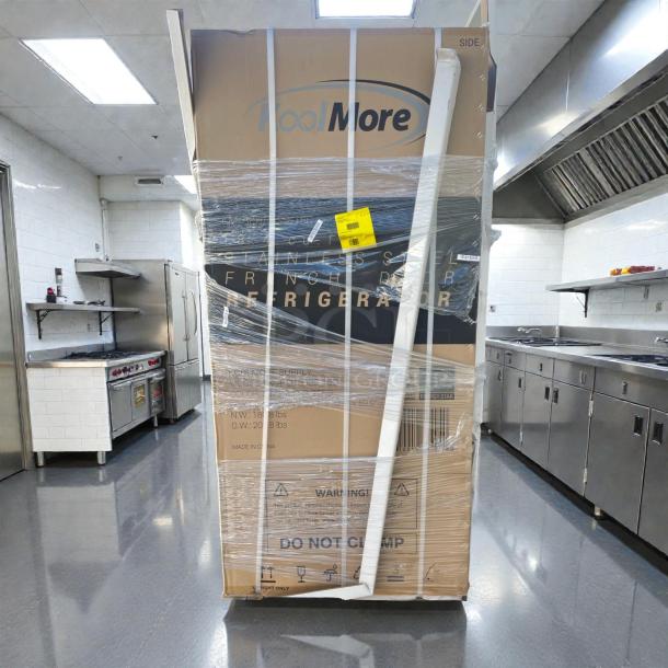 Brand new KoolMore KM-RERFDSS-18C stainless steel French door refrigerator, 18.5 Cu. Ft., in original packaging.