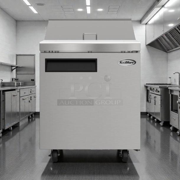 Brand new KoolMore KM-PTR27-1D 1-door refrigerated prep table, stainless steel, 8 pan capacity, UL & NSF listed, unused.