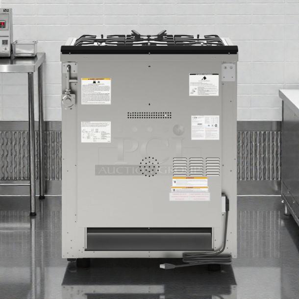 KoolMore KM-FR30G-SS gas range, freestanding, stainless steel, CSA certified. New, tags indicate safety and installation info.