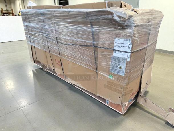 Brand New Koolmore 92" Three Door Pizza Prep Refrigerator, model KM-RPPS-3DSS. Packaged, minor box damage visible.