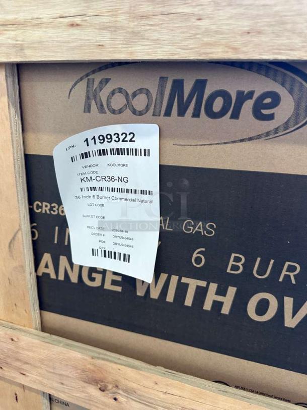 Brand new KoolMore 36" gas range (Model: KM-CRG36-NG) in scratch & dent condition, boxed with visible label.