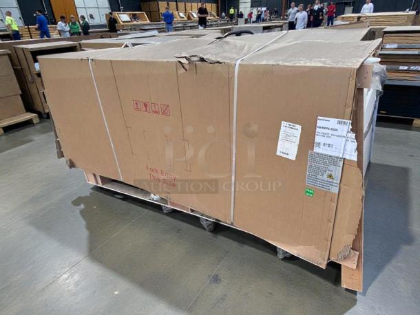 Brand new KoolMore 72" refrigerated pizza prep fridge, model KM-RPPS-3DSS, in original packaging, labeled scratch & dent. Markings show forklift entry and handling instructions.