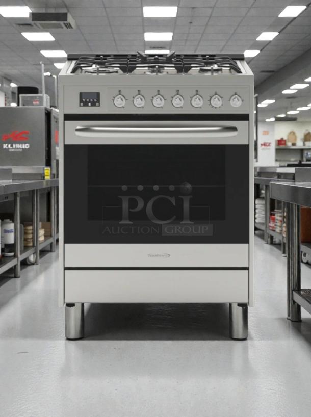 Like-new KoolMore 30" freestanding gas range, model KM-FR30G-SS, scratch & dent. Stainless steel, 5 burners, digital controls.