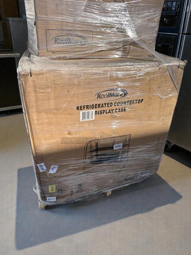 KoolMore Refrigerated Countertop Display Case in packaging, brand-new condition, model CDC-3C-BK/WH, scratch & dent sale.