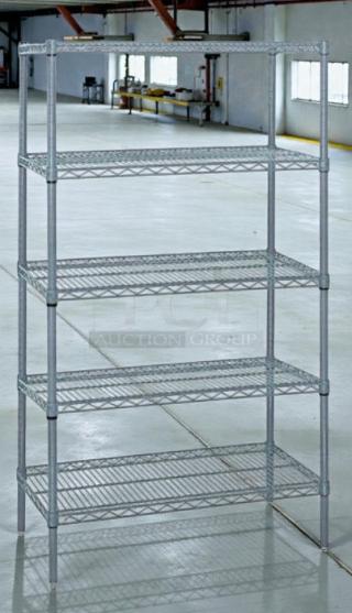 Brand new Quantum Storage Systems gray epoxy wire shelving kit, model WR74-3648GY-5. Scratch & dent condition.