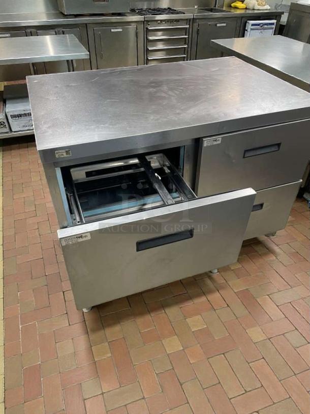 Pristine Delfield UCD4448N undercounter refrigerator, two drawers, stainless steel, 115V, fully tested and working.