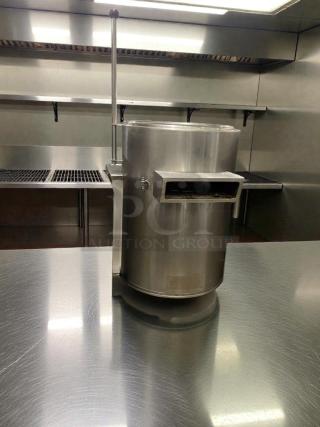 Stainless steel steam-jacketed kettle with agitator, premium condition, fully tested, model KTL-L-STM-0069.