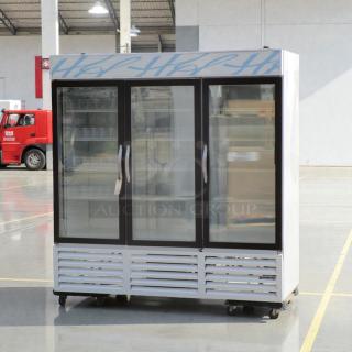 Beverage-Air CRG74-1 commercial merchandiser refrigerator, superior condition, 3-glass doors, 115V, fully tested, white exterior.