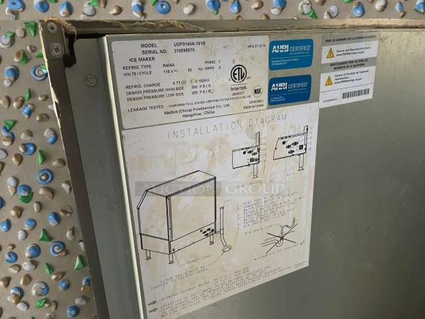 Immaculate Manitowoc undercounter ice maker, model UDF0140A-161B, 115V, single phase, fully tested, installation diagram shown.