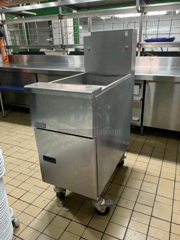 Pitco commercial gas floor fryer, natural gas model, fully tested, outstanding condition, stainless steel, on casters.