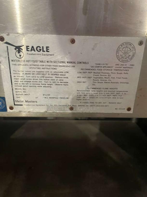 Eagle Group Waterless Hot Food Table, Model EAG-L-HOT-0096, 2-Well, manual controls, data plate details, excellent condition.