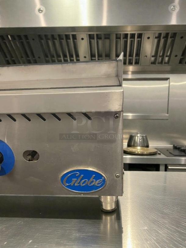 Pristine Globe commercial gas griddle, stainless steel, model GLO-L-GRD-0095, fully tested, branded with blue Globe label.