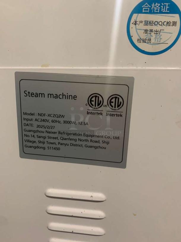 Guangzhou Naixer NDF-XCZQ2W steam machine in premium condition with 240V, 3000W power. Fully tested, ETL certified.