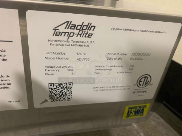 Aladdin Temp-Rite ADV700 heated cabinet label, displaying model, voltage, serial number, and certification details.