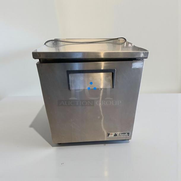 True TUC-27-LP undercounter refrigerator in immaculate condition, 115V, fully tested, with brand logo and model label visible.