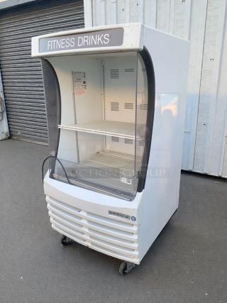 Beverage-Air BZ13-1-W open merchandiser in excellent condition, 115V/Single Phase, "FITNESS DRINKS" label, fully tested.