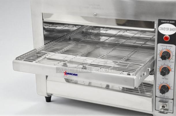 Omcan CE-CN-1800 commercial conveyor toaster, flawless condition, fully tested, 120V, single phase, with control dials.