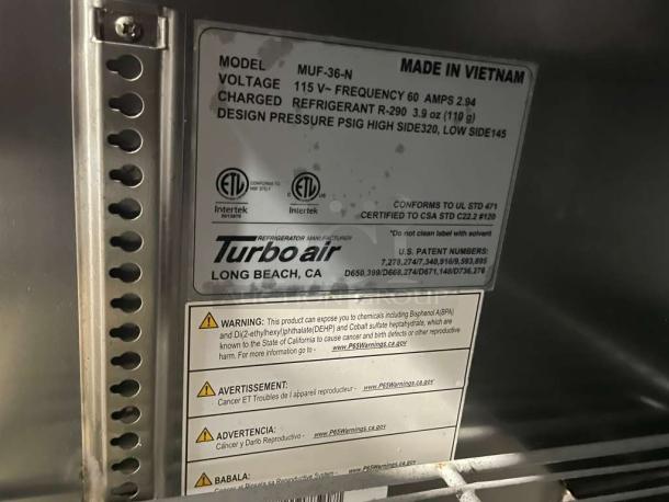 Turbo Air MUF-36-N undercounter refrigerator, 115V, certified, with warning labels, made in Vietnam.