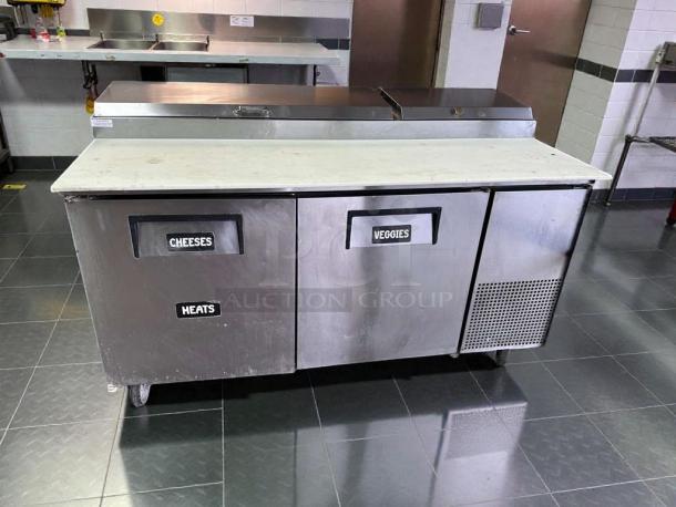 True TPP-67 commercial sandwich prep table, stainless steel, 115V, tested, labels for cheeses, veggies, heats, built-in refrigeration.