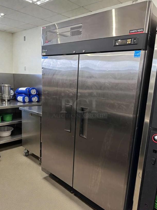 Turbo Air M3F47-2-N two-door commercial freezer, stainless steel, excellent condition, visible brand logo, 115V, fully tested.