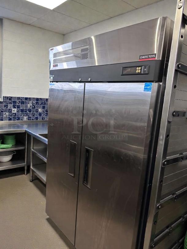 Turbo Air M3F47-2-N two-door commercial freezer, stainless steel, premium condition, fully tested, Chef's Toys label.