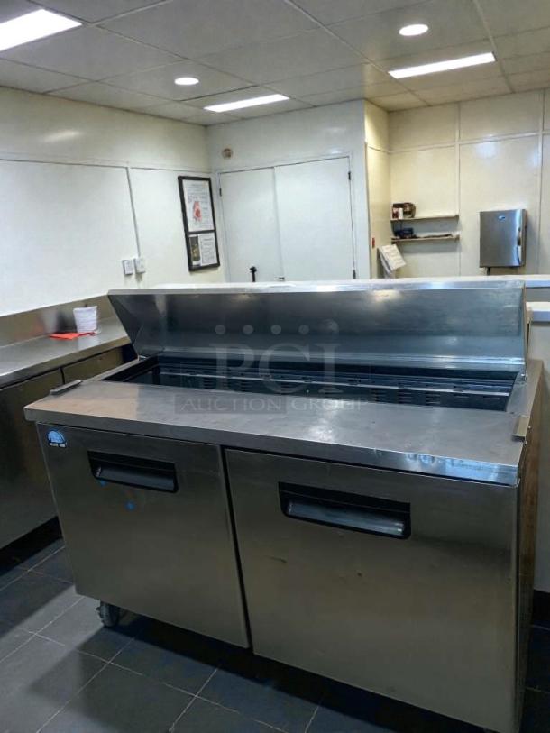 Blue Air BAPT50 sandwich prep table in pristine condition; stainless steel, 115V, tested and functional, commercial use.