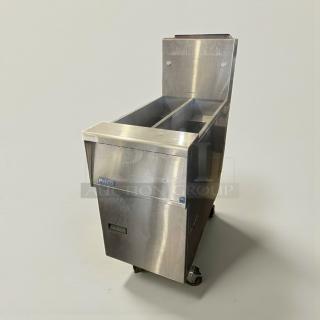 Pitco SG14T commercial gas fryer, like-new, natural gas, stainless steel, fully tested, on casters, model label visible.