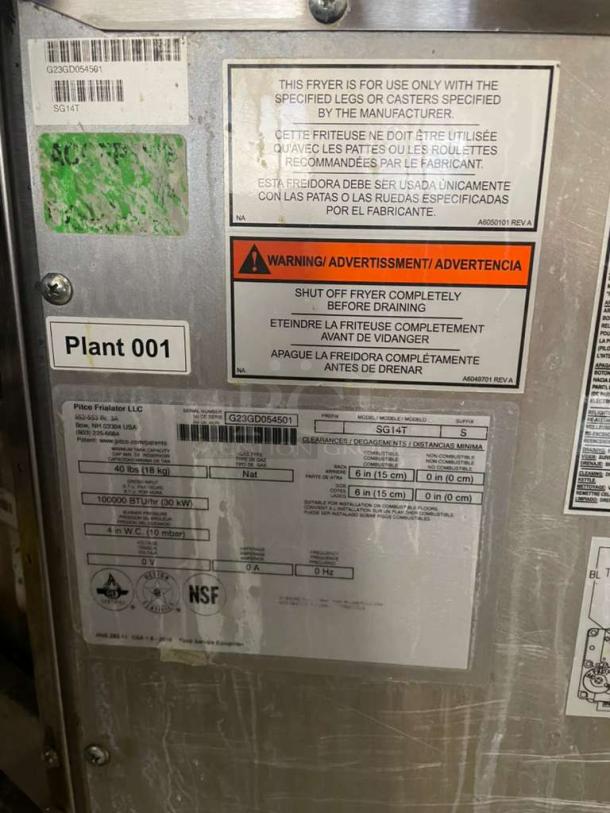Pitco SG14T gas fryer, like-new condition, model info, safety instructions, NSF certified, natural gas, label details visible.