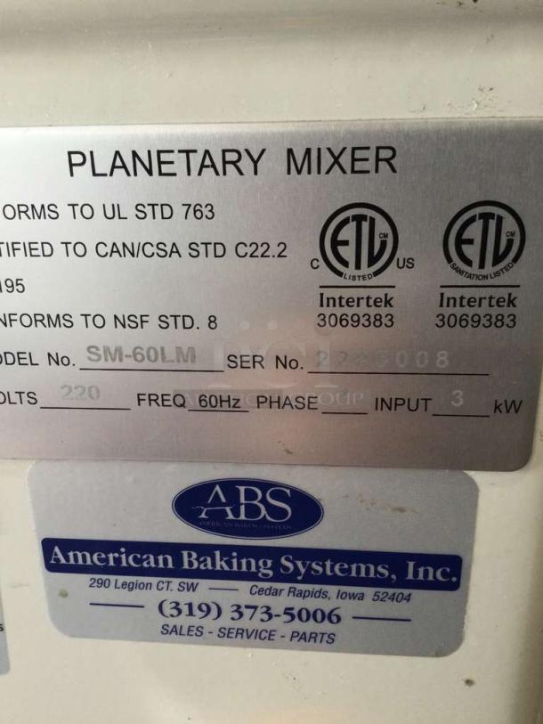 ABS SM-60LM Commercial Planetary Mixer, 60 Qt, 220V/3 Phase, premium condition, American Baking Systems, tested, ETL listed.
