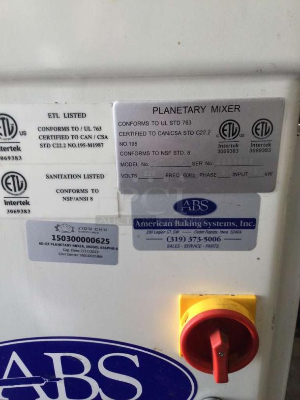 American Baking Systems SM-60LM Planetary Mixer, 60 Qt, 220V/3 Phase, fully tested, labels show compliance and model details.