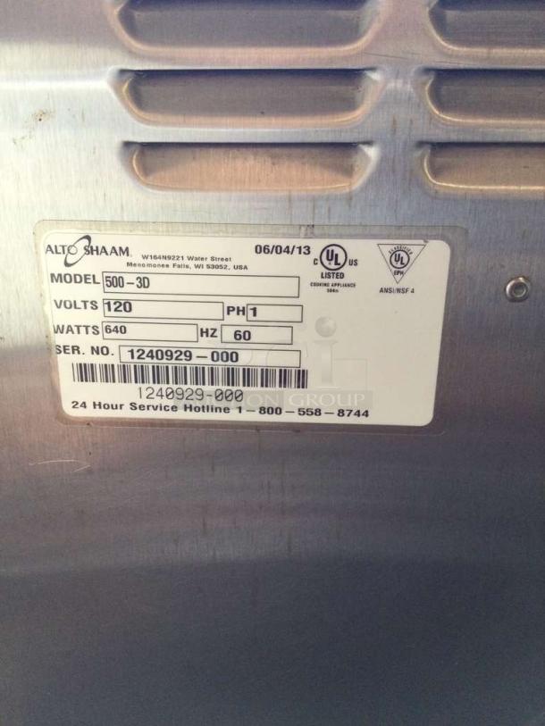 Alto-Shaam 500-3D warming drawer label, UL listed, 120V, 640W. Serial number 1240929-000. Made in Wisconsin, USA.
