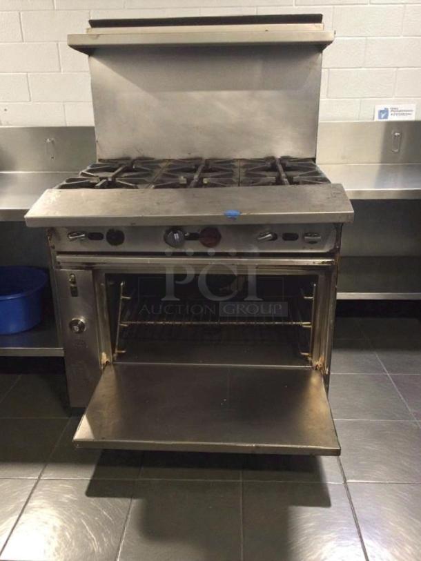 Stainless steel commercial 6-burner gas range with oven, premium condition, fully tested, model GEN-L-RNG-0277.