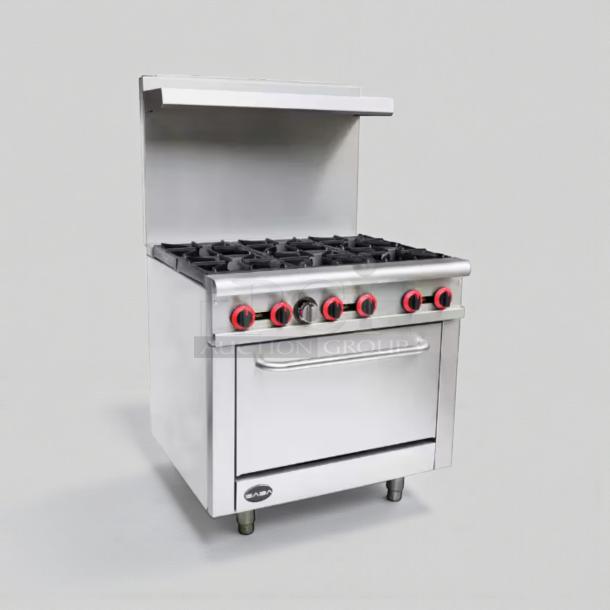 Commercial 6-burner gas range with oven, stainless steel, premium condition, fully tested, model GEN-L-RNG-0277.