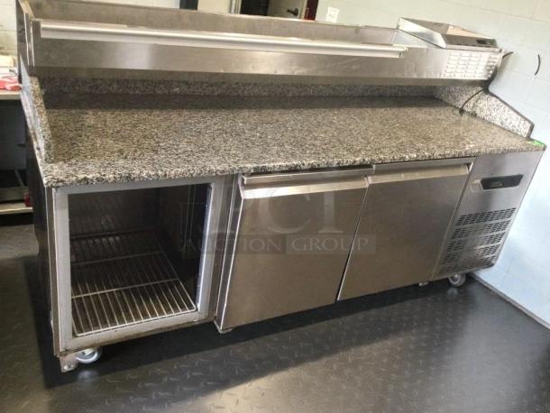 Commercial pizza prep refrigerator with granite top, multi-door, 115V, excellent condition, model GEN-L-PREP-0280.